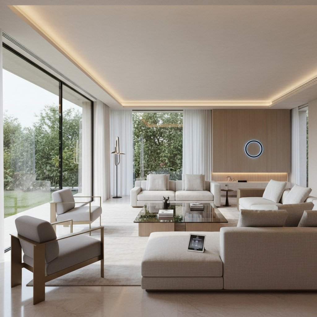 Een lichte, moderne woonkamer in een luxe villa met strakke meubels, veel natuurlijk licht en een tablet op de salontafel, wat de cleane en technologische uitstraling benadrukt.