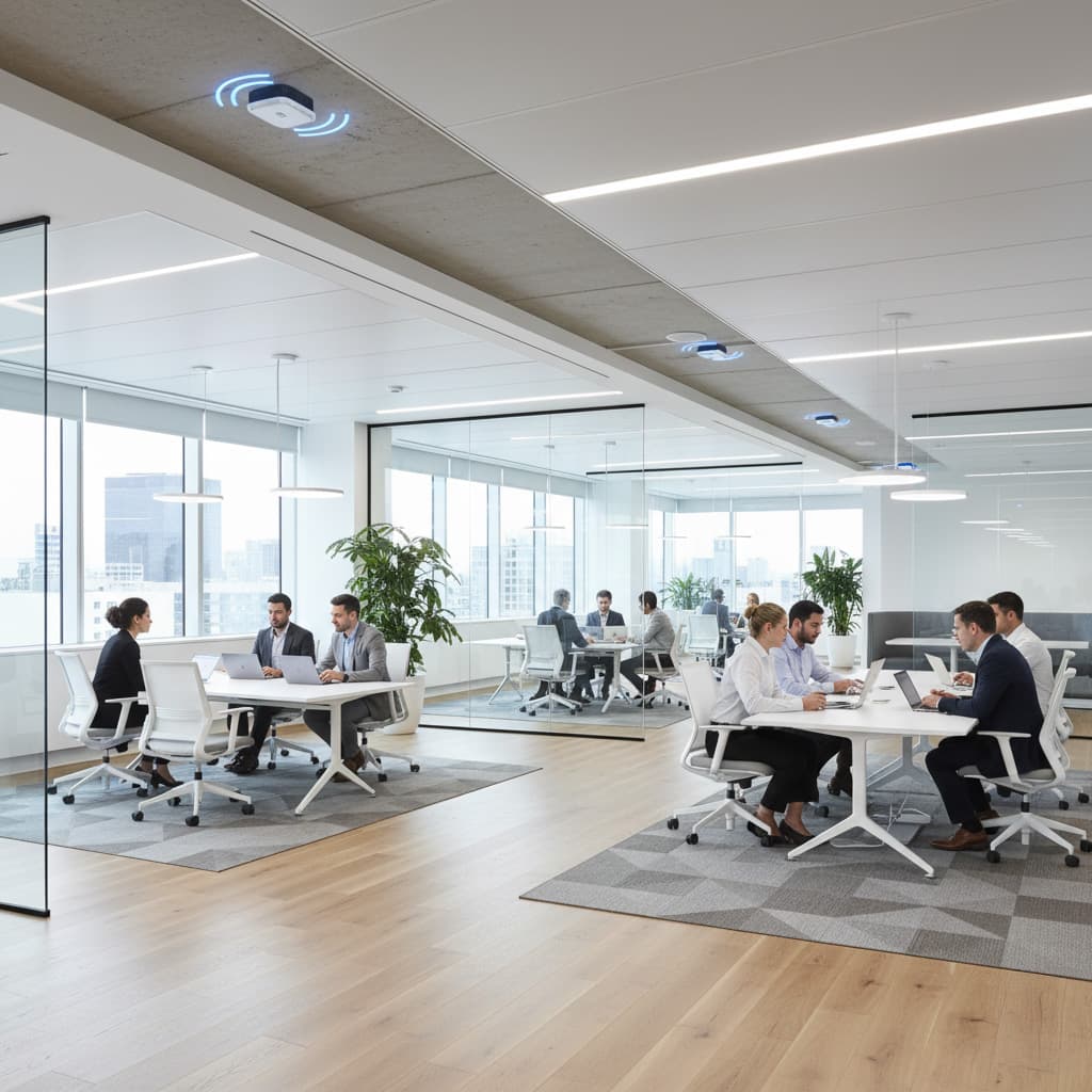 Een lichte, moderne kantooromgeving waar medewerkers samenwerken aan laptops en tablets. Het interieur straalt efficiëntie uit, met zichtbare slimme technologieën en een minimalistisch ontwerp.