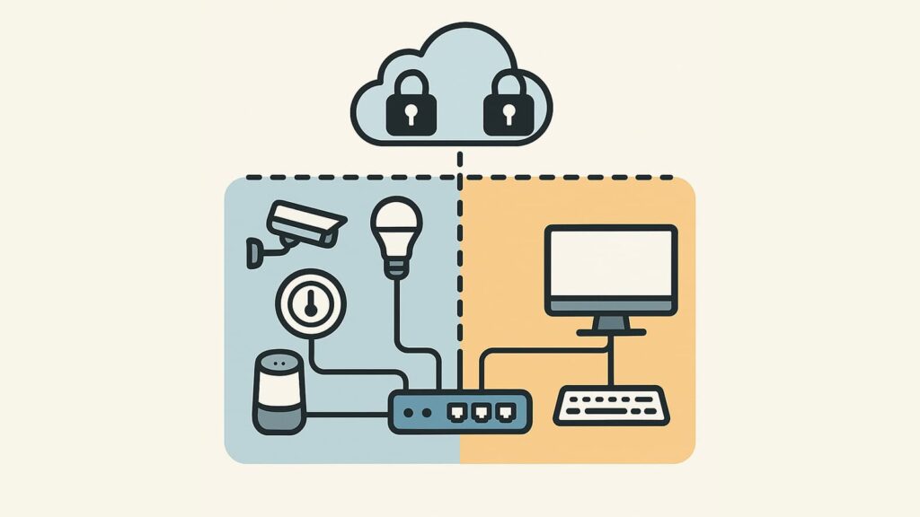 Illustratie van een VLAN dat IoT-apparaten scheidt van een computer voor netwerkbeveiliging.