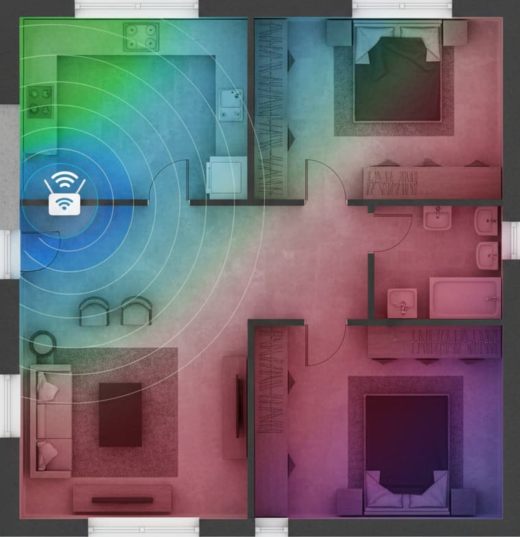 Een plattegrond van een huis met een heatmap die de wifi-signaalsterkte weergeeft. Groene gebieden geven een sterk signaal aan, terwijl rode gebieden een zwak of geblokkeerd signaal hebben, wat duidt op slechte routerplaatsing.